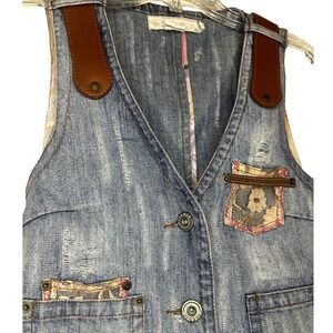 MurMur Anthropology Y2K Denim Vest Boho Patchwork Leather Trim Button Front Sz S